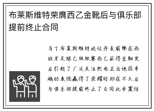 布莱斯维特荣膺西乙金靴后与俱乐部提前终止合同