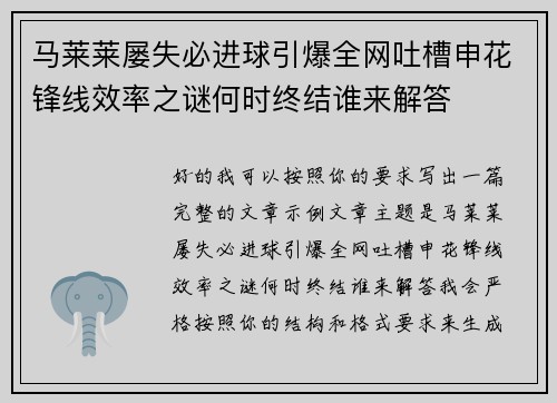马莱莱屡失必进球引爆全网吐槽申花锋线效率之谜何时终结谁来解答